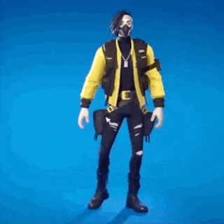 a man in a yellow jacket and mask is standing in front of a trophy .