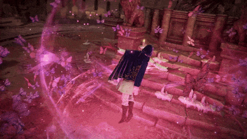 a person is standing on a set of stairs surrounded by butterflies