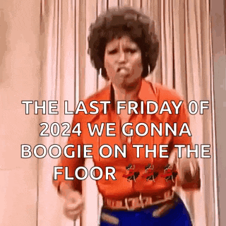 a woman is dancing in front of a curtain and says `` the last friday of 2024 we gonna boogie on the floor '' .