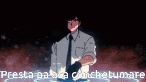 a man in a suit and tie is standing in a dark room with the words presta pa aca conchetumare written in white letters
