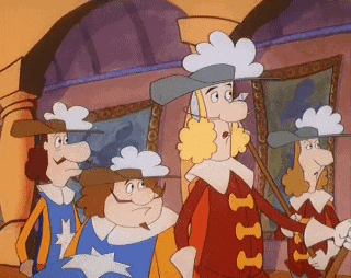 a group of cartoon characters are standing in front of a painting