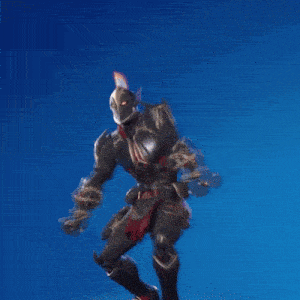 a man in a black armor is jumping in the air against a blue background .