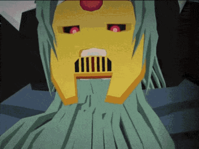 a close up of a cartoon character with a yellow face and red eyes