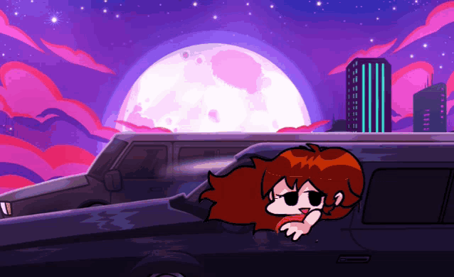 a cartoon of a girl in a car with a full moon behind her