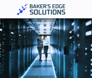 a man and a woman are walking through a server hallway with baker 's edge solutions written on the bottom