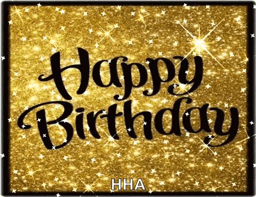 a happy birthday greeting card with gold glitter and stars