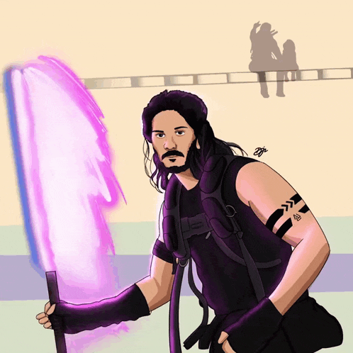 a drawing of a man holding a purple object with a tattoo on his arm that says ' a '