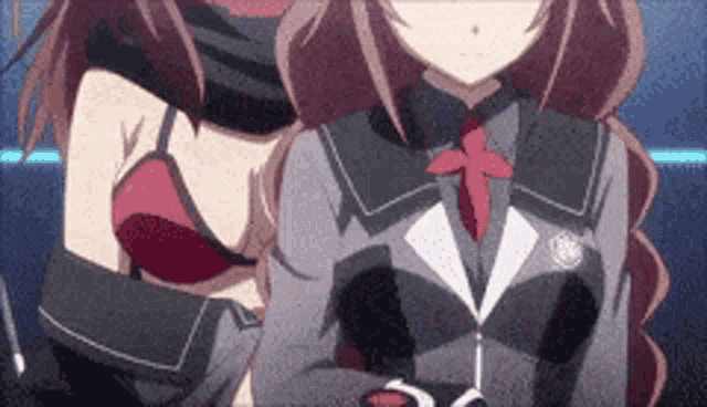 two anime girls are standing next to each other and one is wearing a red bra .
