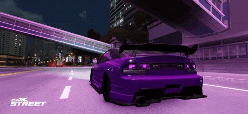 a purple car is driving down a street in a video game called carx street