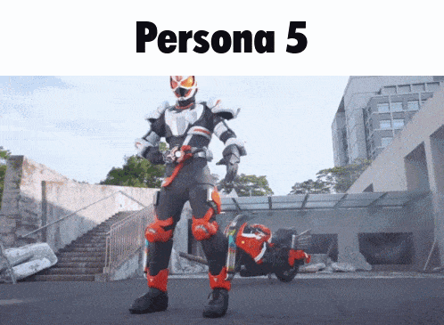 a person in a persona 5 costume stands in front of a motorcycle