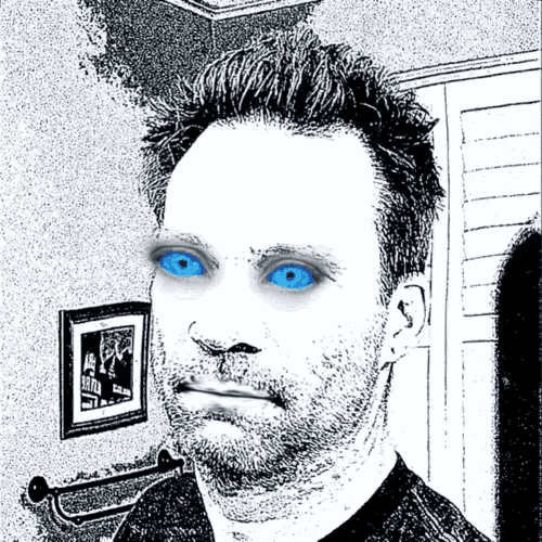 a black and white drawing of a man with blue eyes and a beard