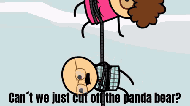 a cartoon of a man hanging upside down with the words " can t we just cut off the panda bear " below him