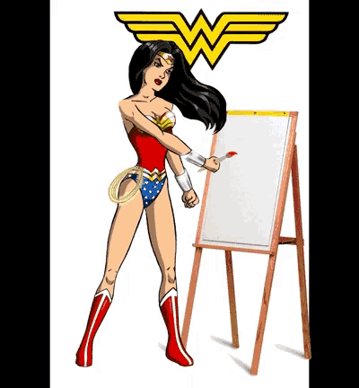 a drawing of wonder woman standing next to a whiteboard