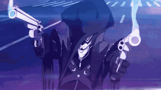 a cartoon character is holding two guns in his hand .