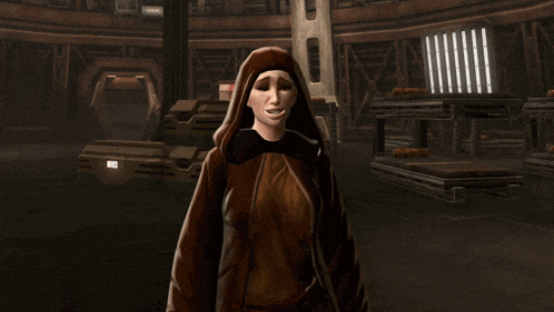 a woman in a hooded jacket is standing in a room