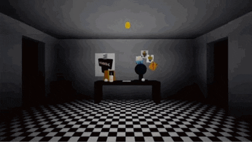 a room with a checkered floor and a table with a sign on it that says ' noodles '