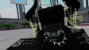 a computer generated image of a person wearing a necklace with spikes and the number 8 on it