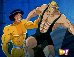 a cartoon of a man and a woman flexing their muscles with a pf logo in the background