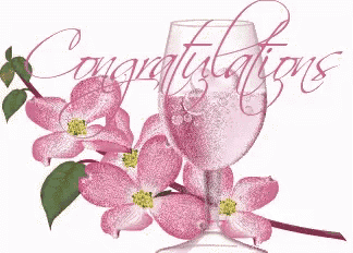 a congratulations greeting card with a wine glass and pink flowers