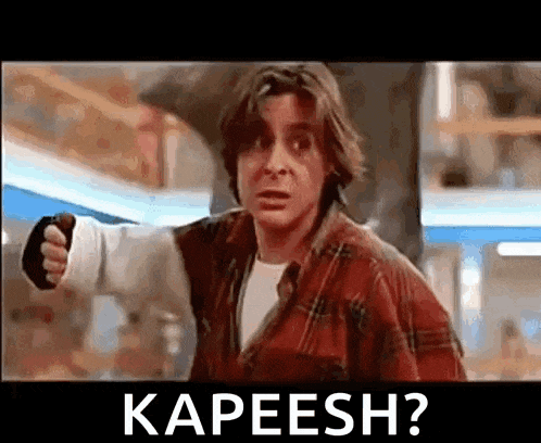 a man in a plaid shirt is pointing his fist at the camera with the words kapeesh ? below him .