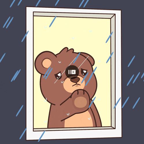 a cartoon of a teddy bear looking out of a window with a video button on his nose