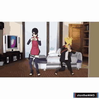 a couple of anime characters standing in a living room