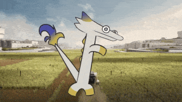 a cartoon drawing of a fox with a blue tail standing in a field