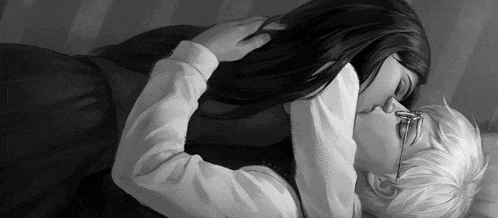 a black and white painting of a man and woman kissing .