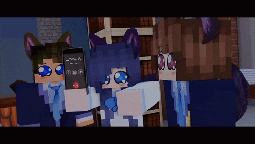 a group of minecraft characters are looking at a cell phone that says ' i love you ' on it