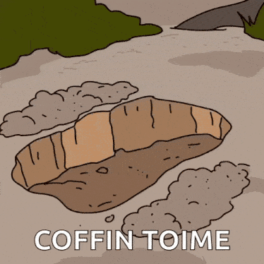 a cartoon monkey is laying in a hole with the words coffin toime below it