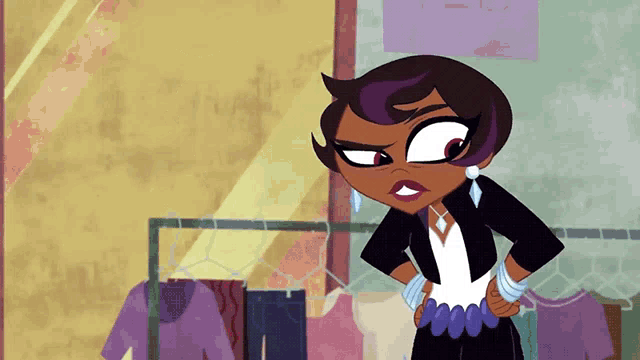 a cartoon character is standing in front of a rack of clothing