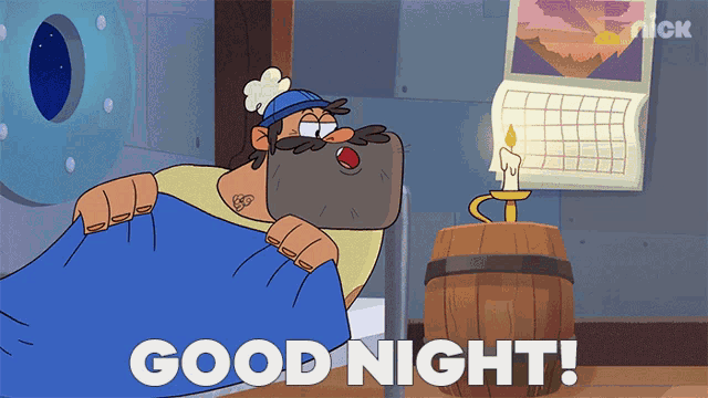 a cartoon of a man laying in bed with the words good night