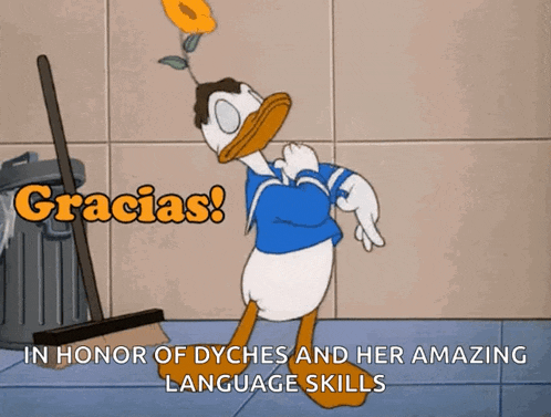 a cartoon of donald duck holding a flower with the words gracias in the background