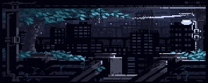 a pixel art of a city at night with trees in the foreground .