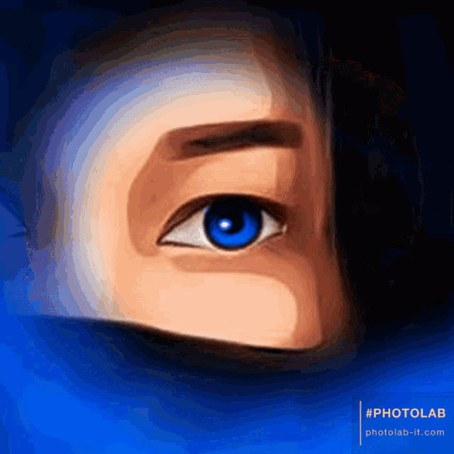 a close up of a person 's blue eye with #photolab written underneath it