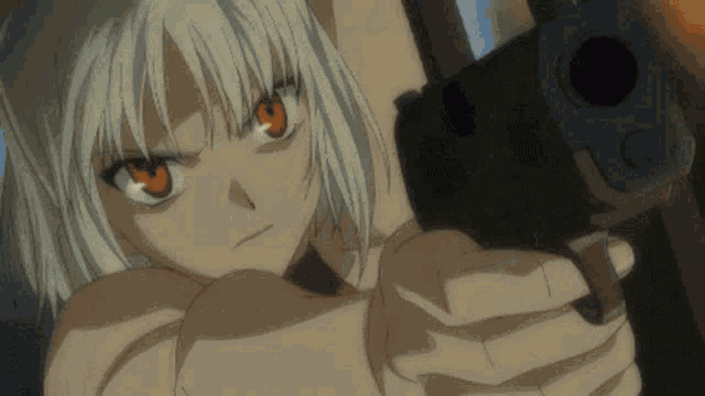 a woman with white hair and red eyes is pointing a gun