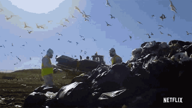 a netflix ad shows a pile of garbage with birds flying around