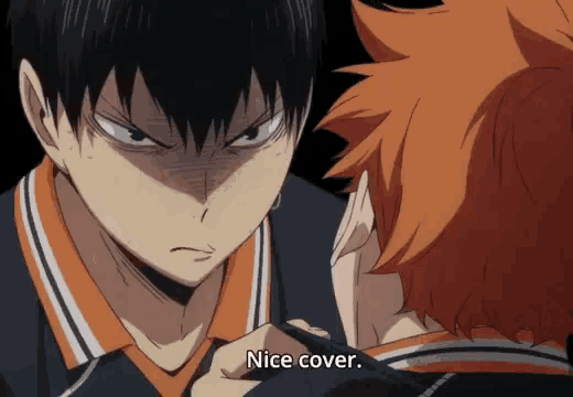 a cartoon character says nice cover while another character looks on