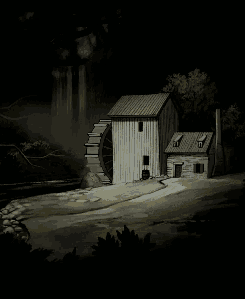 a cartoon drawing of a house with a water wheel