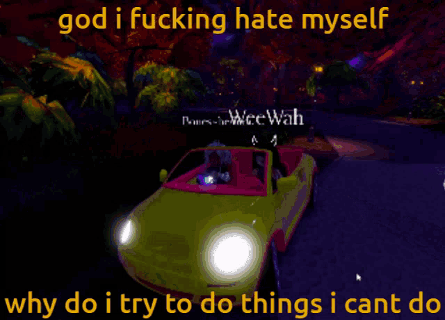a screenshot of a video game that says god i fucking hate myself