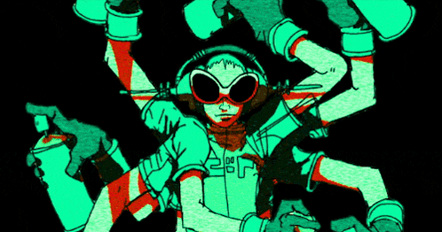 a drawing of a person wearing headphones and goggles with the number 00 on their shirt