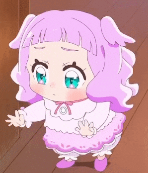 a little girl with pink hair and blue eyes is standing in a room .