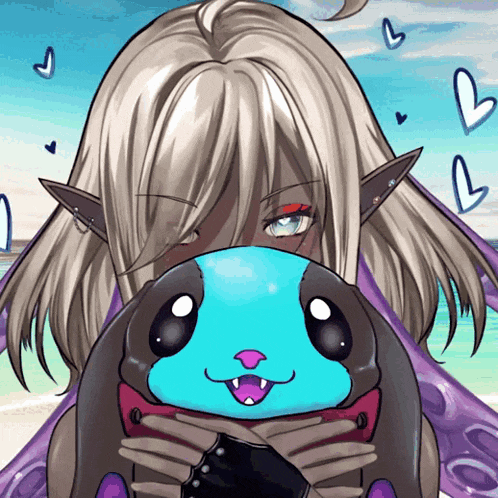 a drawing of a girl holding a stuffed animal with hearts around her
