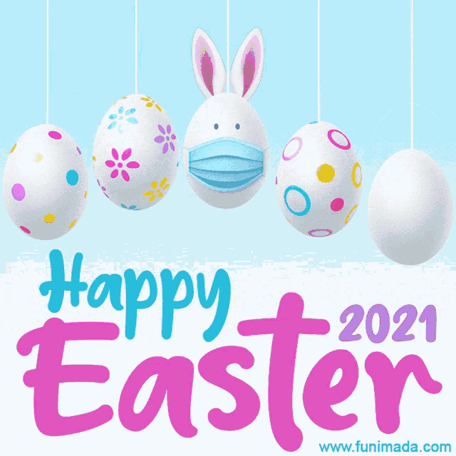 easter eggs with a bunny wearing a mask hanging from a string