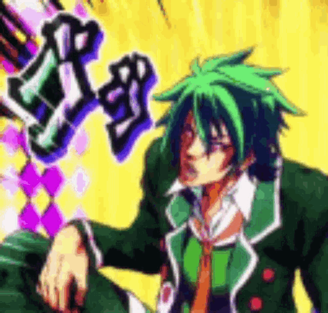 a cartoon character with green hair and a green jacket is sitting down .