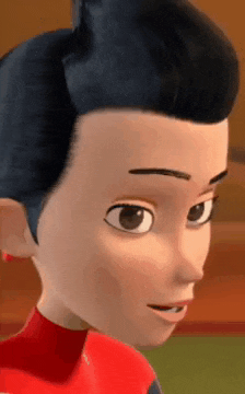 a close up of a cartoon character 's face with black hair and a red shirt .