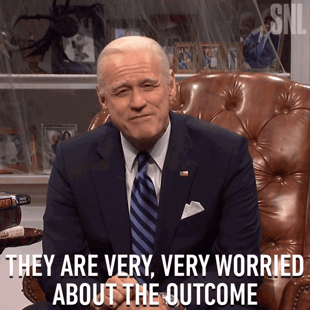 a man in a suit and tie with the words they are very very worried about the outcome below him