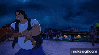 two men are fighting in front of a house and the words make a gif.com are on the bottom right