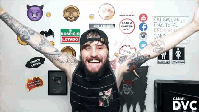 a man with his arms outstretched in front of a wall with stickers on it including one that says troca liker