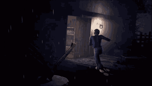 a dark room with a light on the wall and a door with the letter o on it